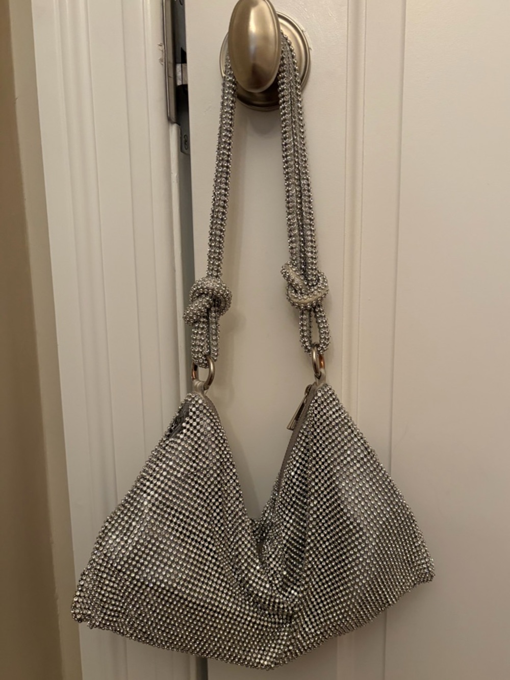 Silver Rhinestone Zip Up Shoulder Bag